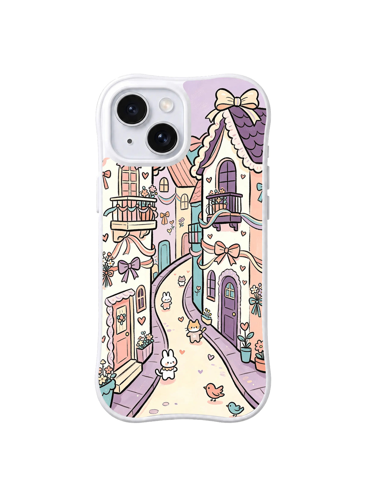 Ribbon Heart Cottage Walk: Ribbon-covered pastel cottages line a curved walkway with heart details.