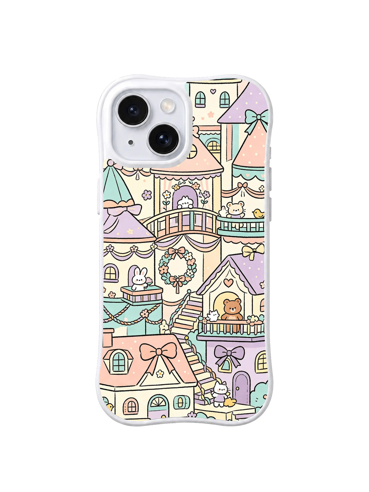 Wreath Bridge Village: A floral wreath, bridges and pastel homes form a layered village scene.