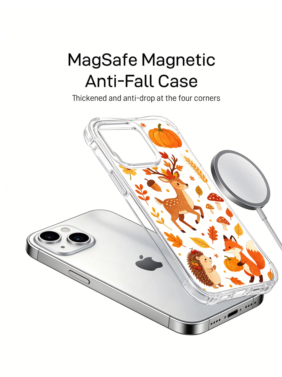 Maple Deer Thanksgiving Waltz: Case separated above a phone beside a round charging accessory.