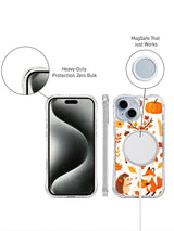 Maple Deer Thanksgiving Waltz: Feature panel with phone front, camera close-up and circular accessory over a case.
