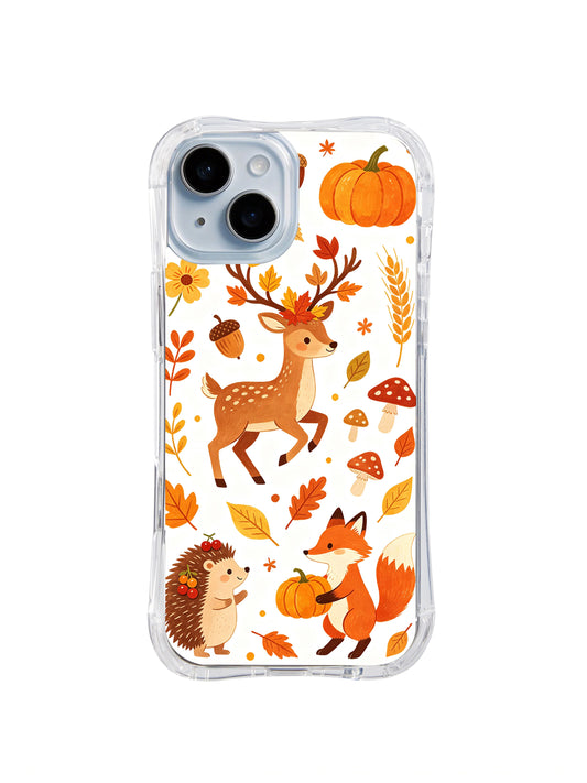 Maple Deer Thanksgiving Waltz: A large leafy-antler deer above a hedgehog and a fox holding a pumpkin.