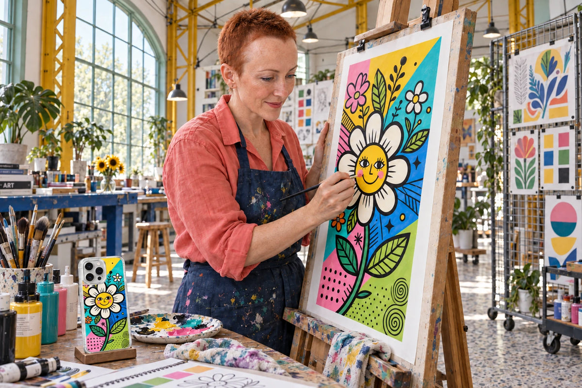 AI visualization of Mara Kaleido creating phone-case illustrations in a distinctive studio