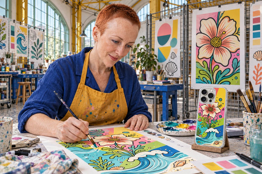 AI studio visualization of Mara Kaleido creating phone-case artwork, with a finished case on a stand