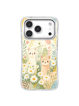 Daisy Alpaca Picnic iPhone 17 Pro case with alpacas and meadow flowers, front detail