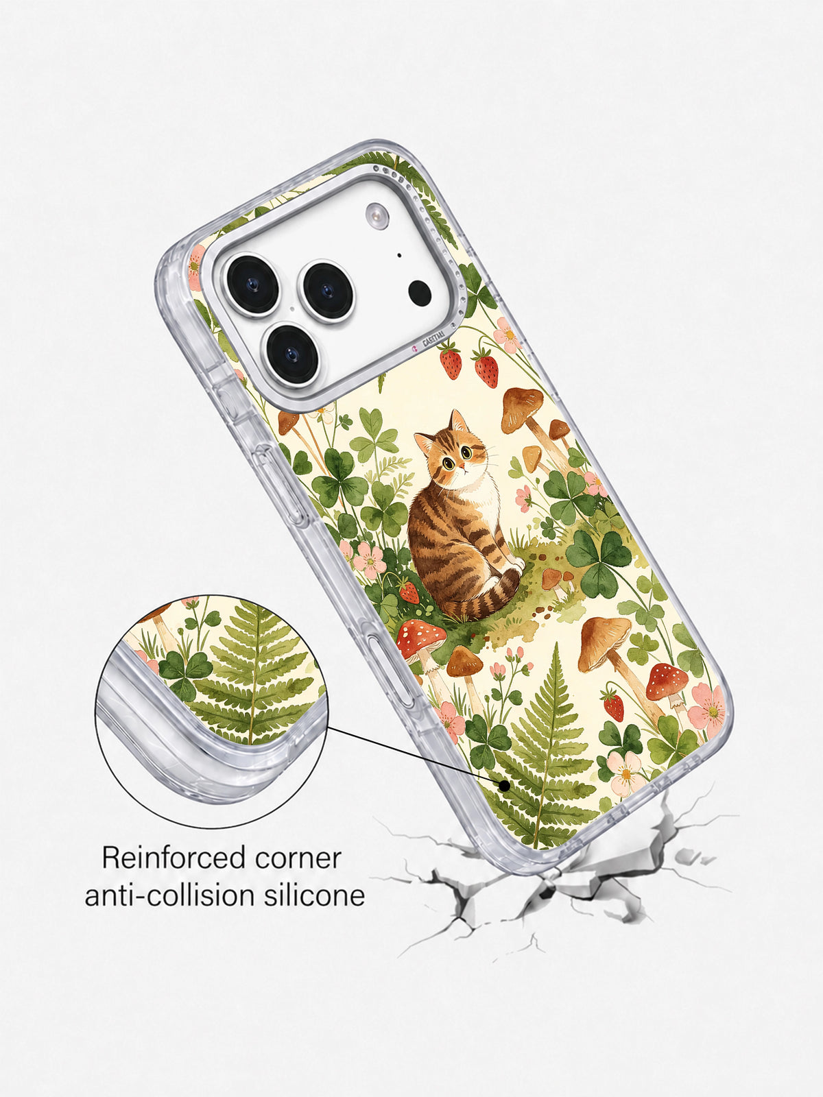 Vintage Mushroom Cat Garden iPhone 17 Pro case camera frame detail