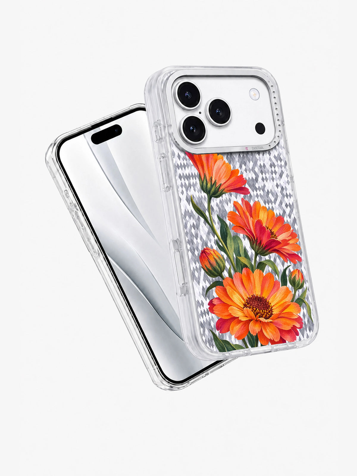 Marigold Carnival transparent iPhone 17 Pro case angle view