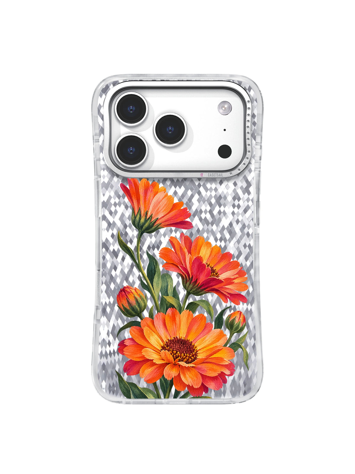Marigold Carnival transparent iPhone 17 Pro case front view