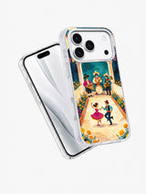 Angled view of Marigold Courtyard Dance illustrated iPhone case
