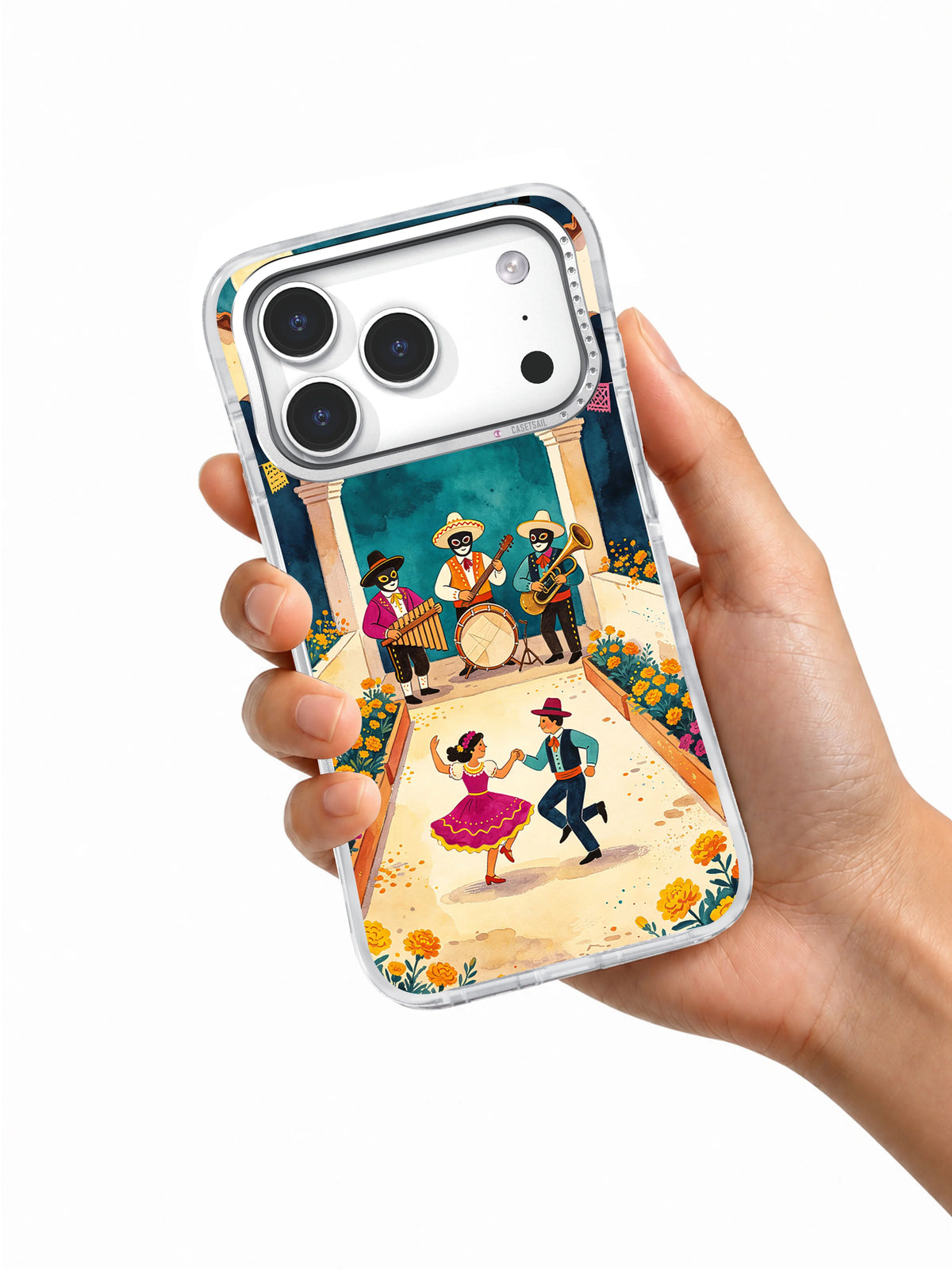 Marigold Courtyard Dance floral iPhone case held in hand