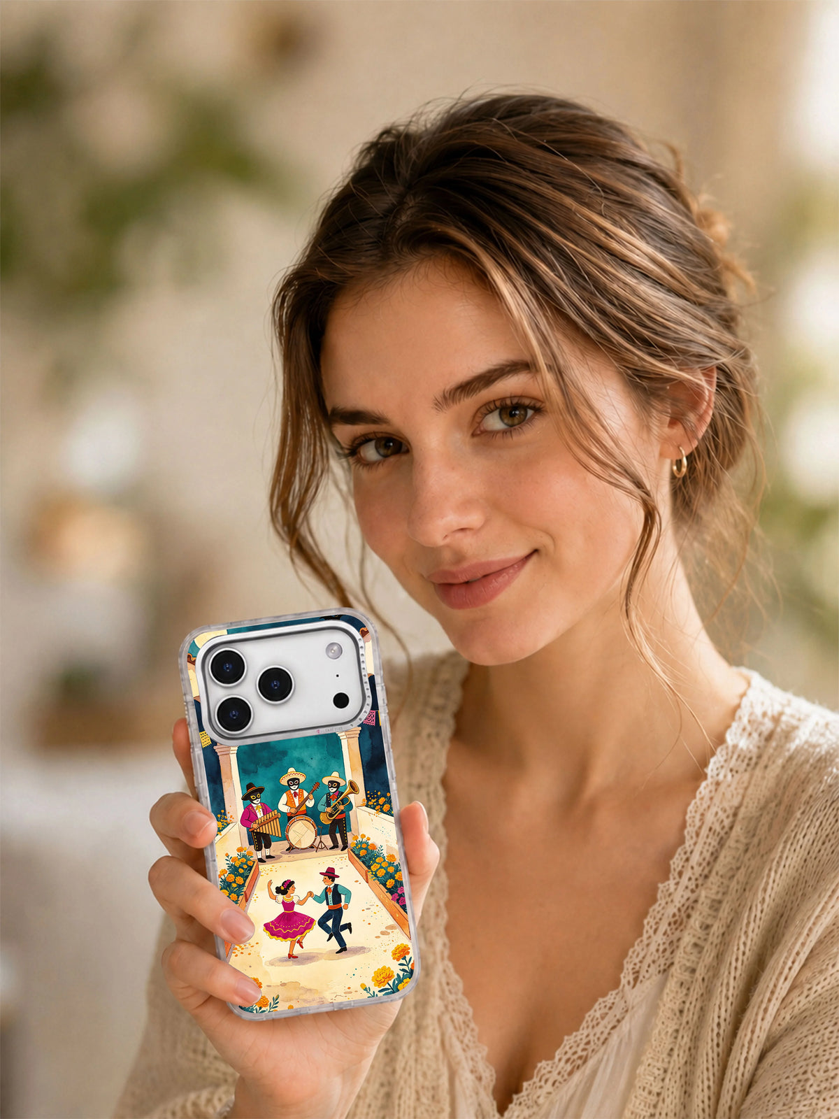 Lifestyle view of Marigold Courtyard Dance storybook iPhone case