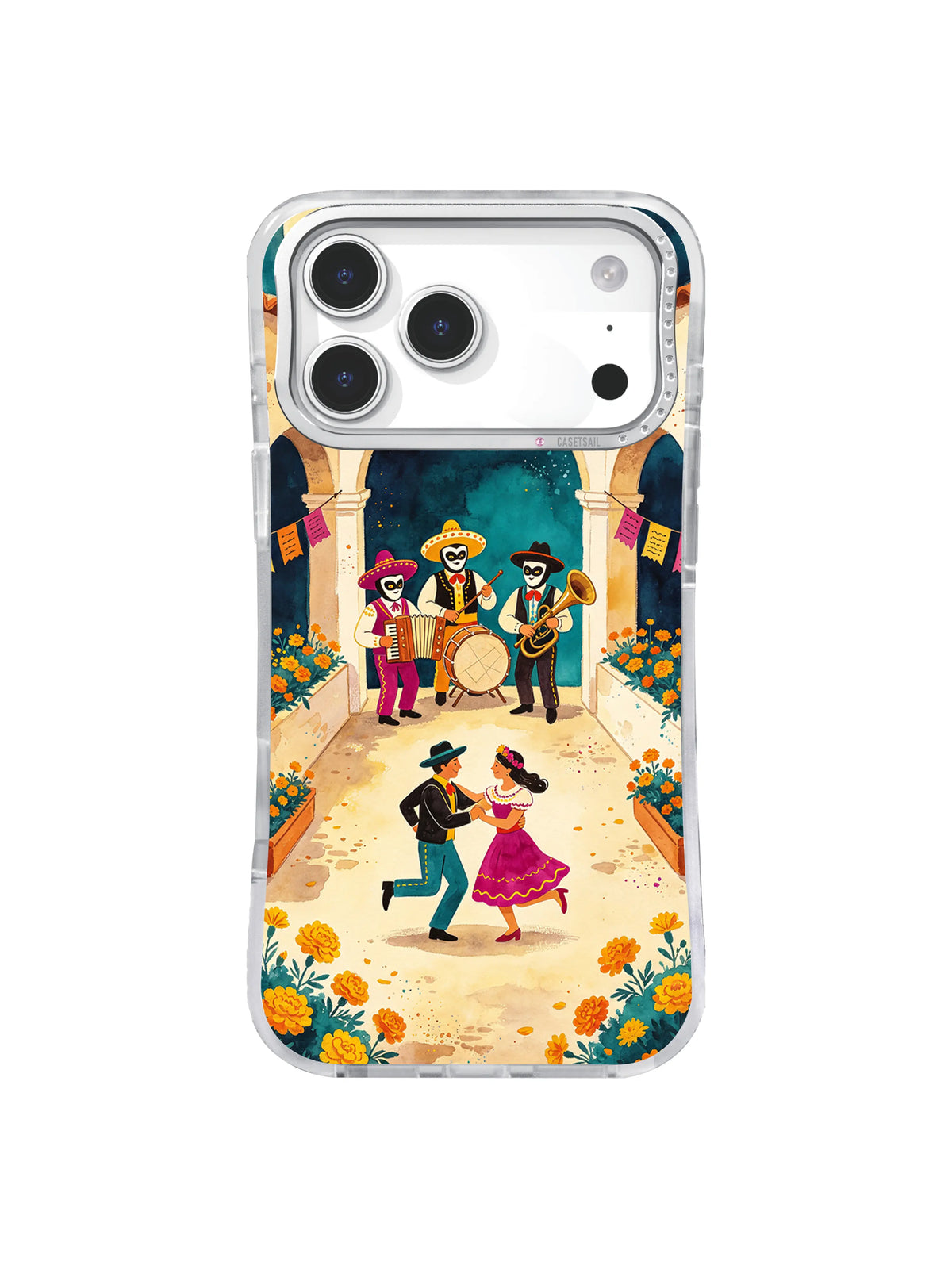 Moonlit Skeleton Band iPhone case with marigolds, drum, and trumpet