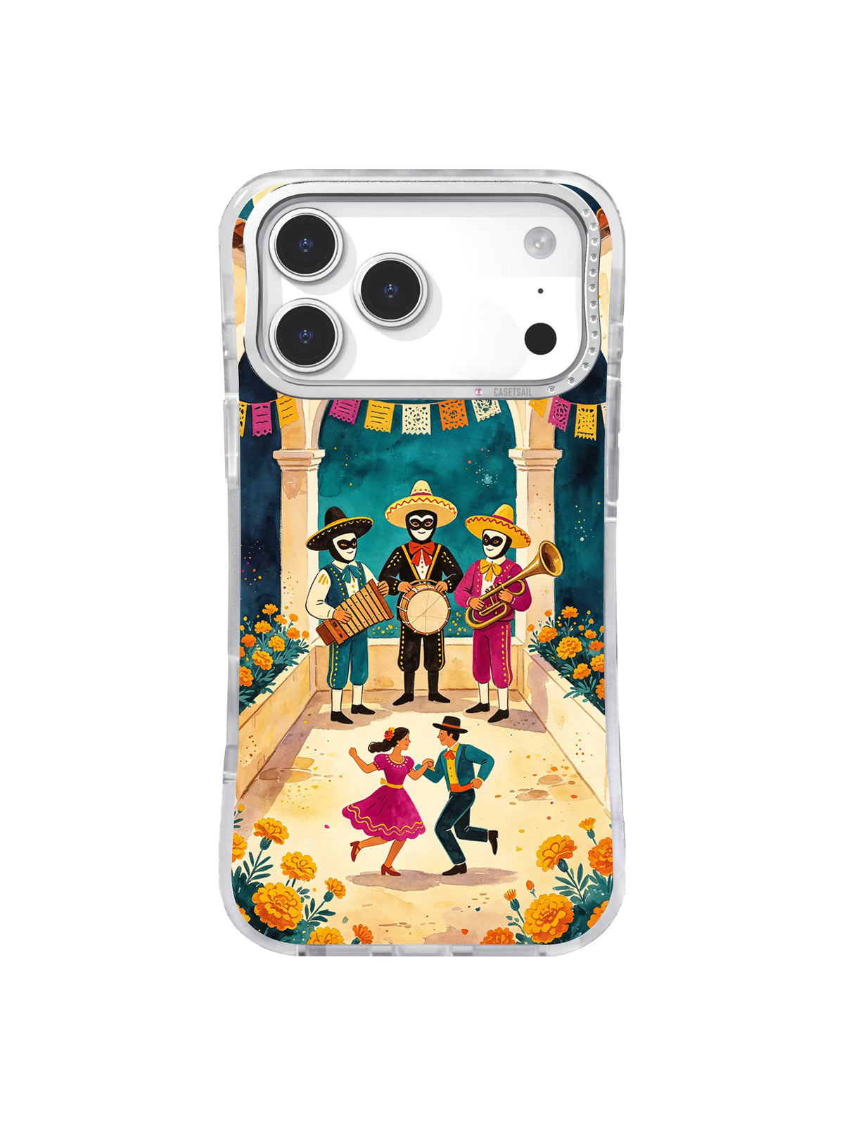 Paper Banner Courtyard iPhone case with teal arches and dancing figures