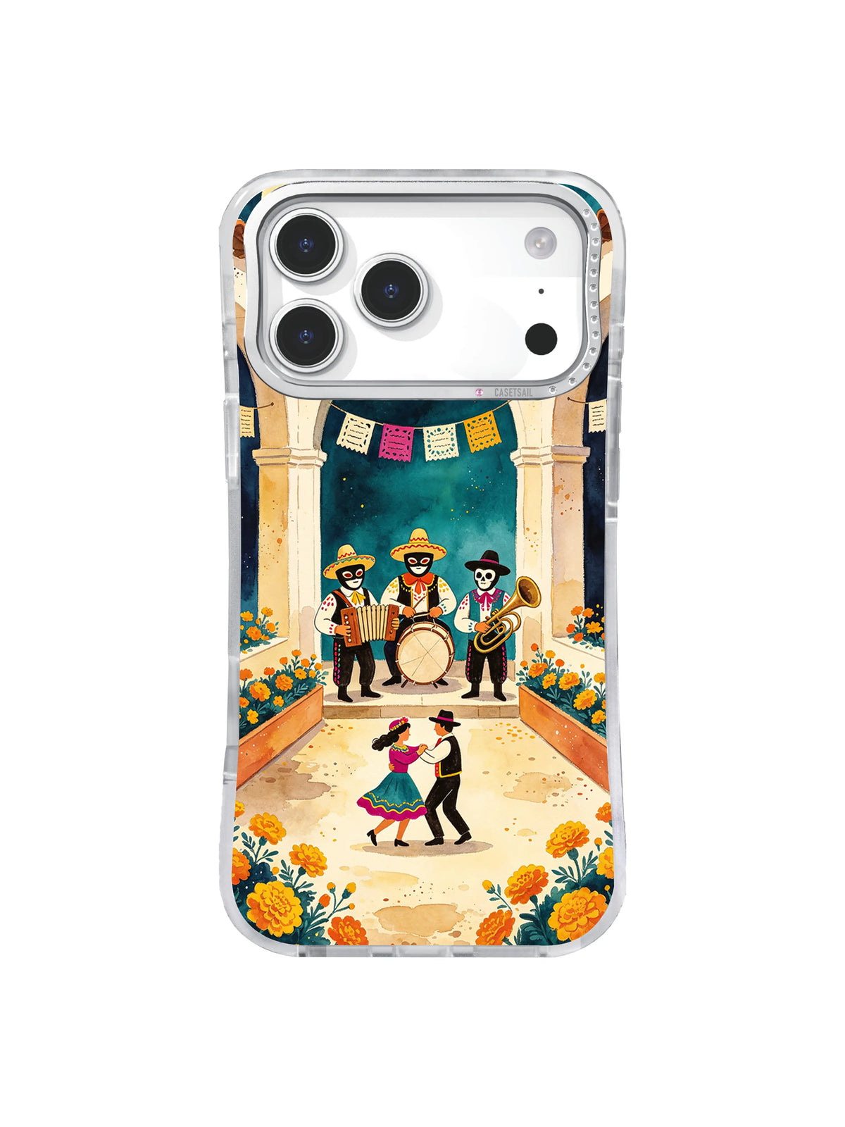 Golden Farewell Promise iPhone case with marigolds and friendly musicians