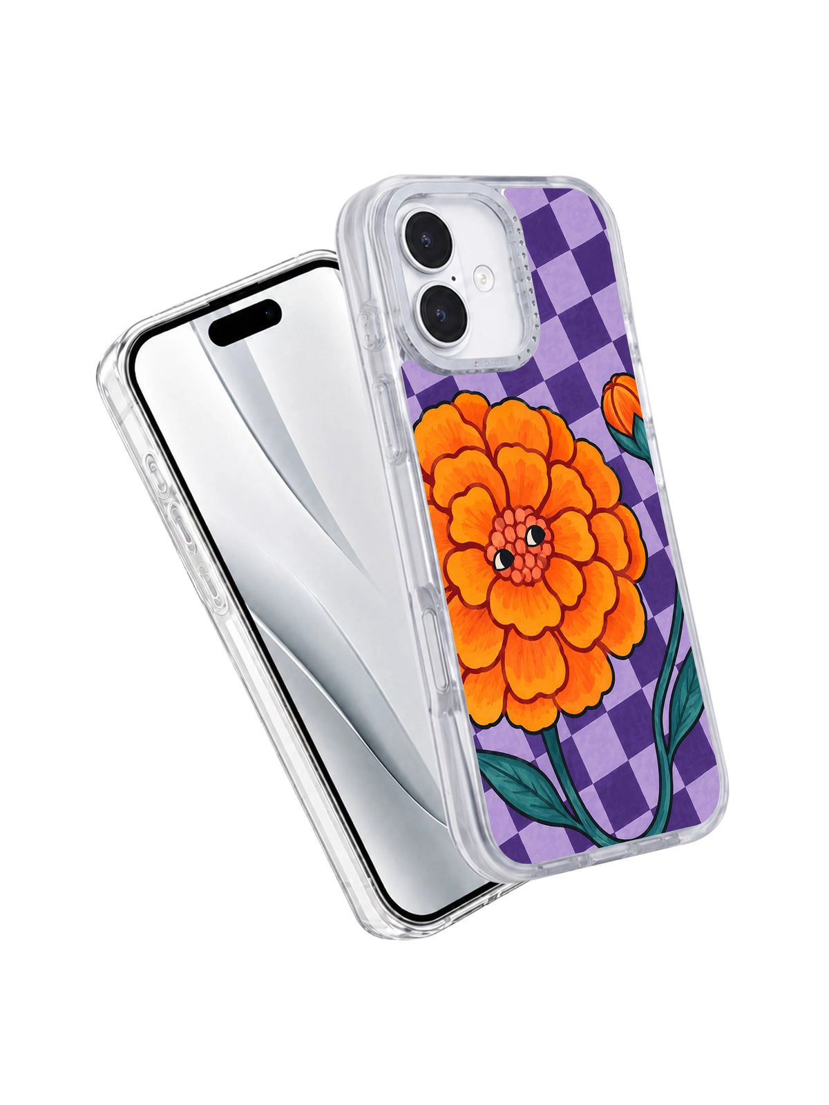 Marigold Takes the Long Way iPhone 17 case angled front and back view