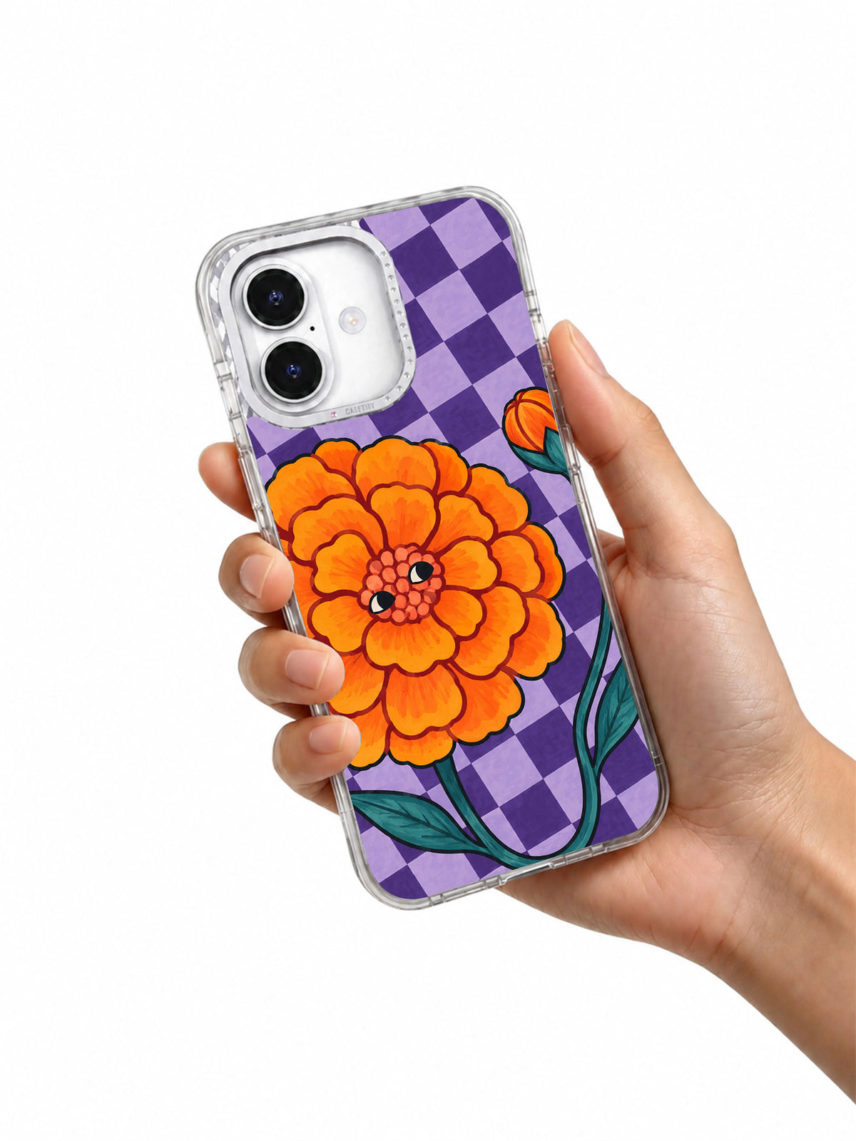 Marigold Takes the Long Way floral iPhone 17 case held in hand