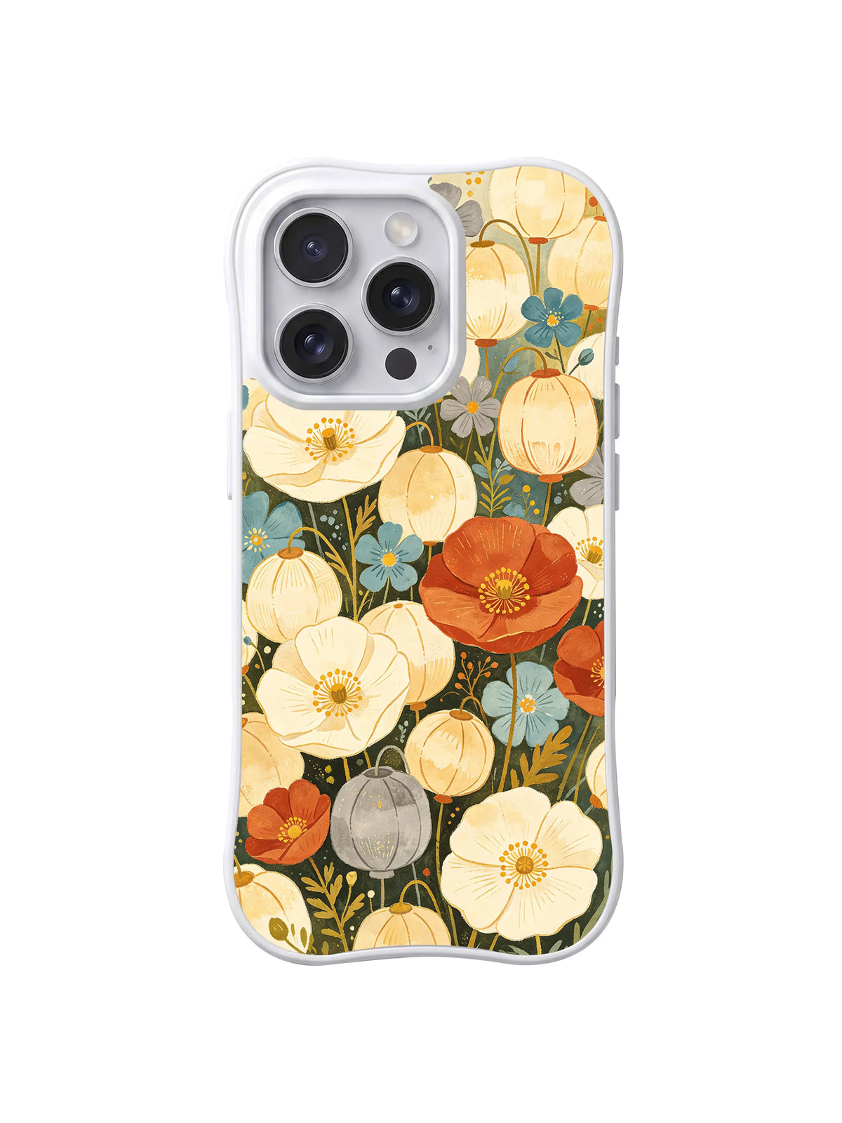 Golden Lantern Flower Tapestry: Krem ve altın renkli çiçekler, dokuma görünümlü bahçede küçük mavi çiçeklerle üst üste gelir.
