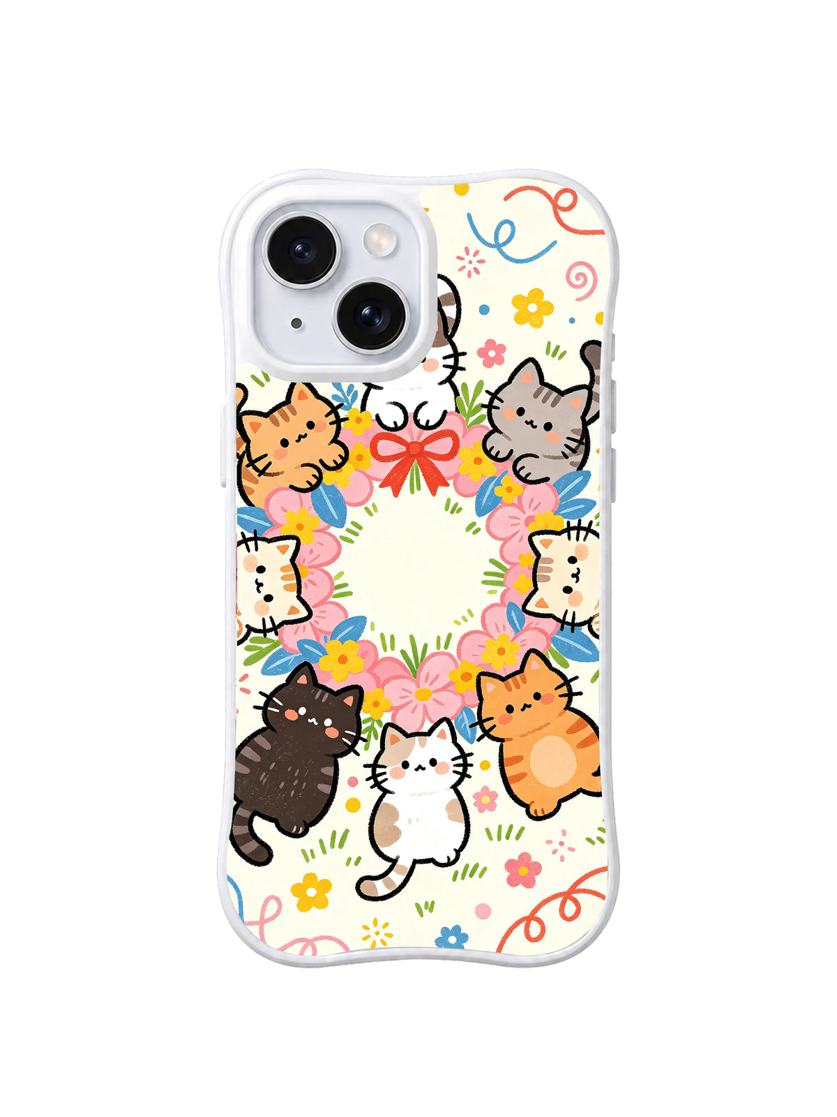 Floral Cat Wreath pattern on iPhone 15 case