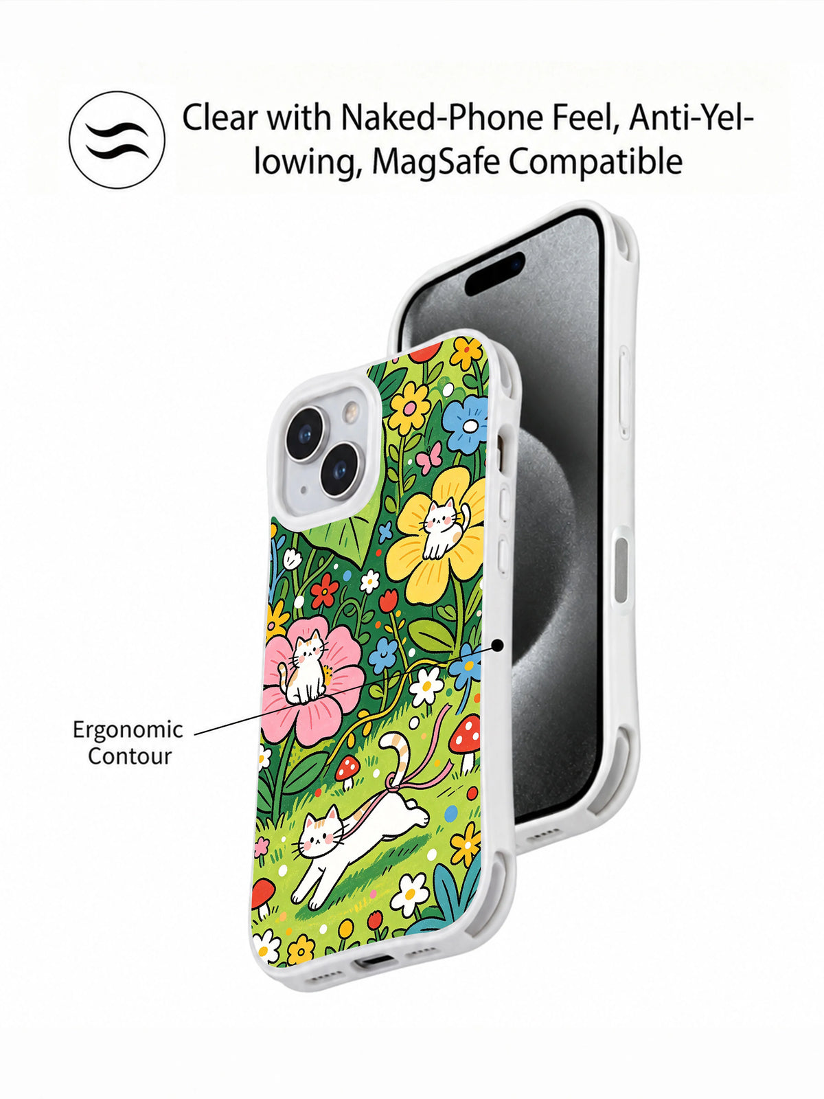 Whimsical ribbon cat iPhone 15 case closeup