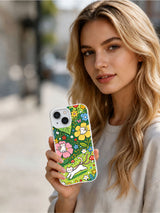 Artist-designed garden cat phone case display