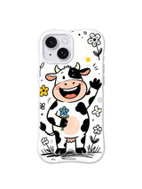 Blue Daisy Wave Cow: A waving cow holds blue and yellow flowers beside a tall daisy.
