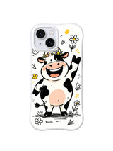 Flower Crown Hello Cow: A waving cow wears a small flower crown among line-drawn flowers.