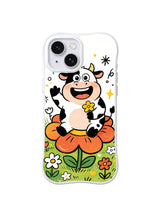 Orange Flower Meadow Cow: A smiling black-and-white cow sits on a large orange flower.