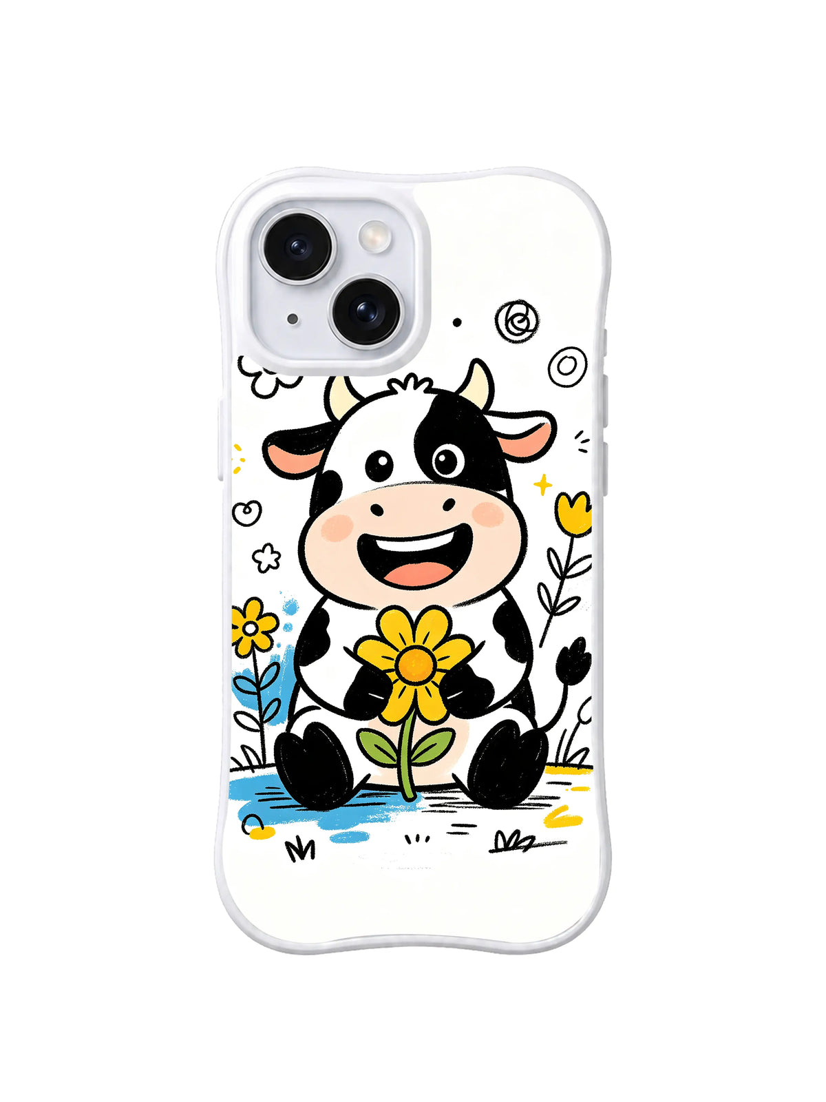 Sunny Bloom Cow: A seated cow holds a large yellow flower among small meadow blooms.