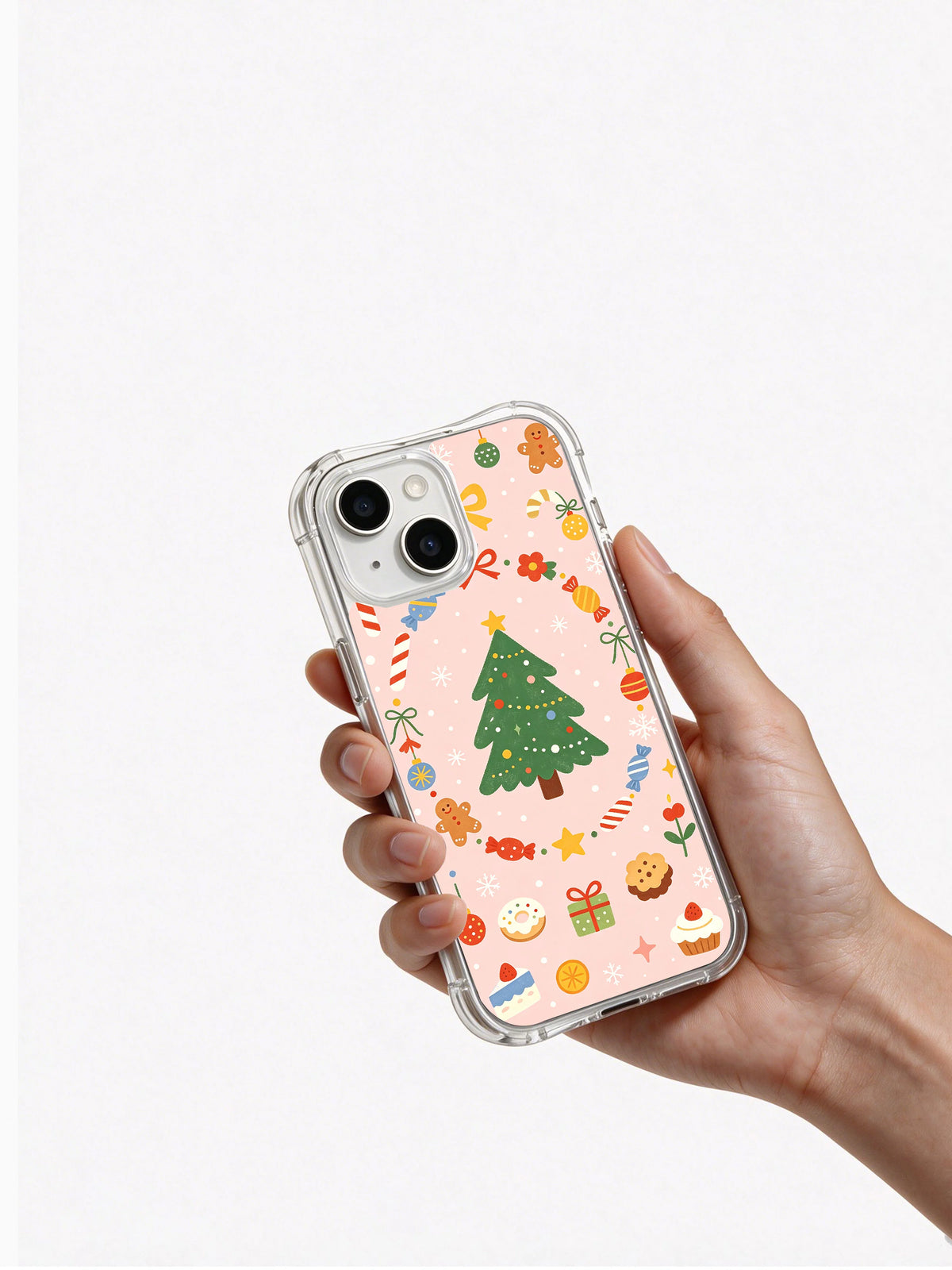 Pink Christmas candy iPhone 14 Plus case handheld view