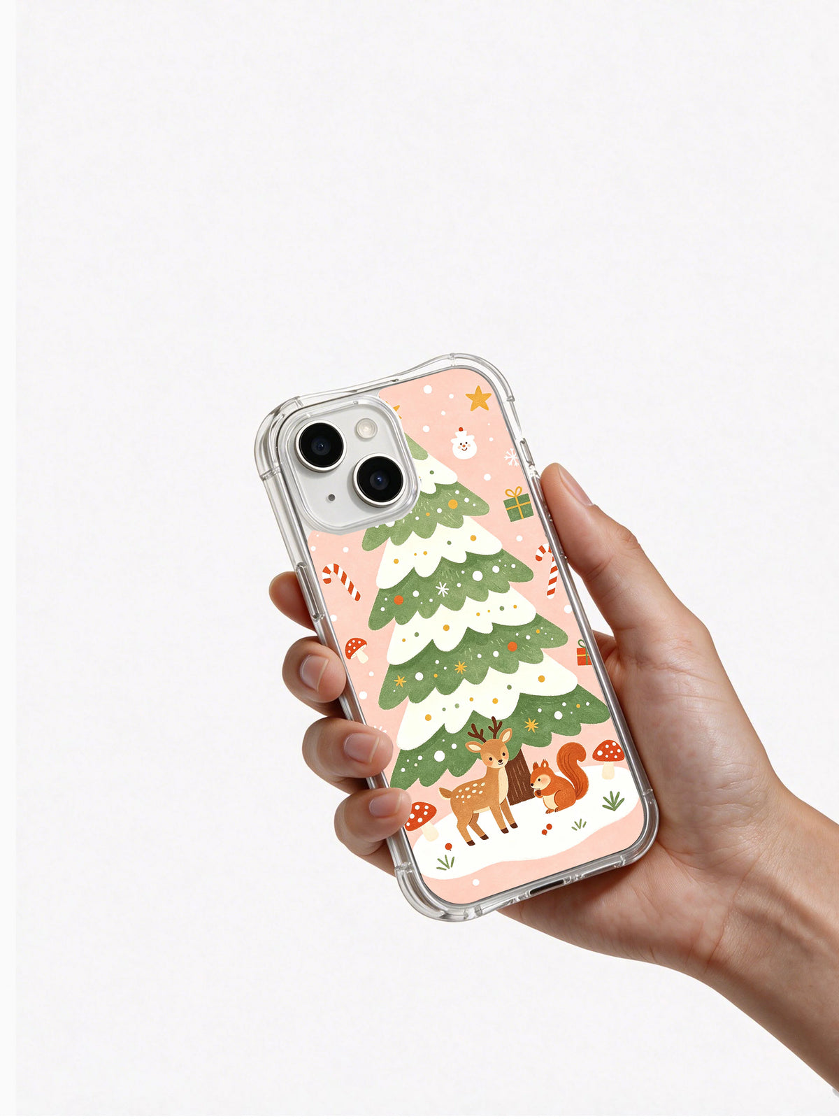 Pink Christmas forest iPhone 14 Plus case handheld view
