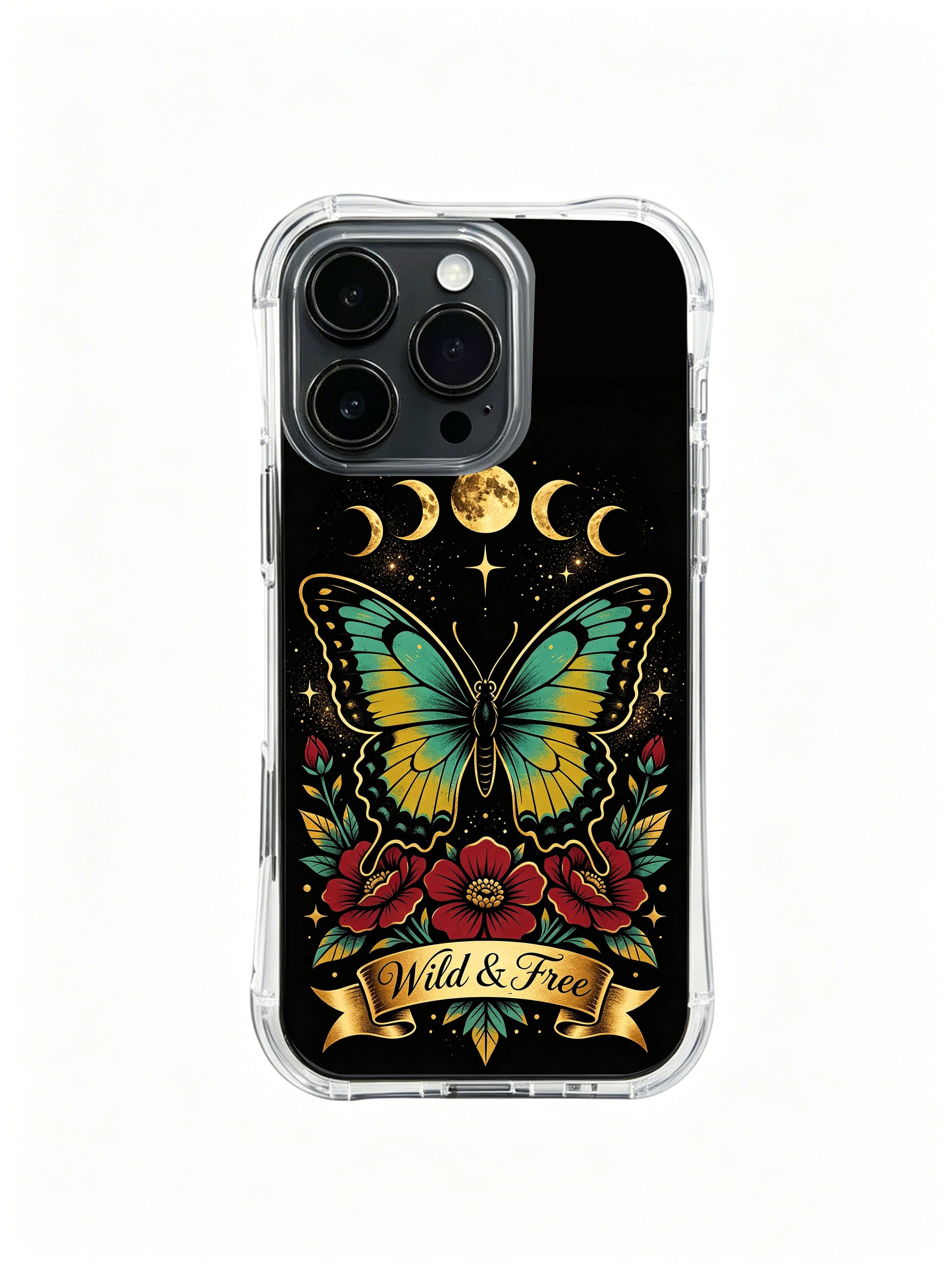 Zara Maya The Metamorphosis PhoneCasing, vintage dark tropical butterfly totem iPhone 14 Plus Case with heavy ink tattoo style, artistic protective casing for free-spirited women.