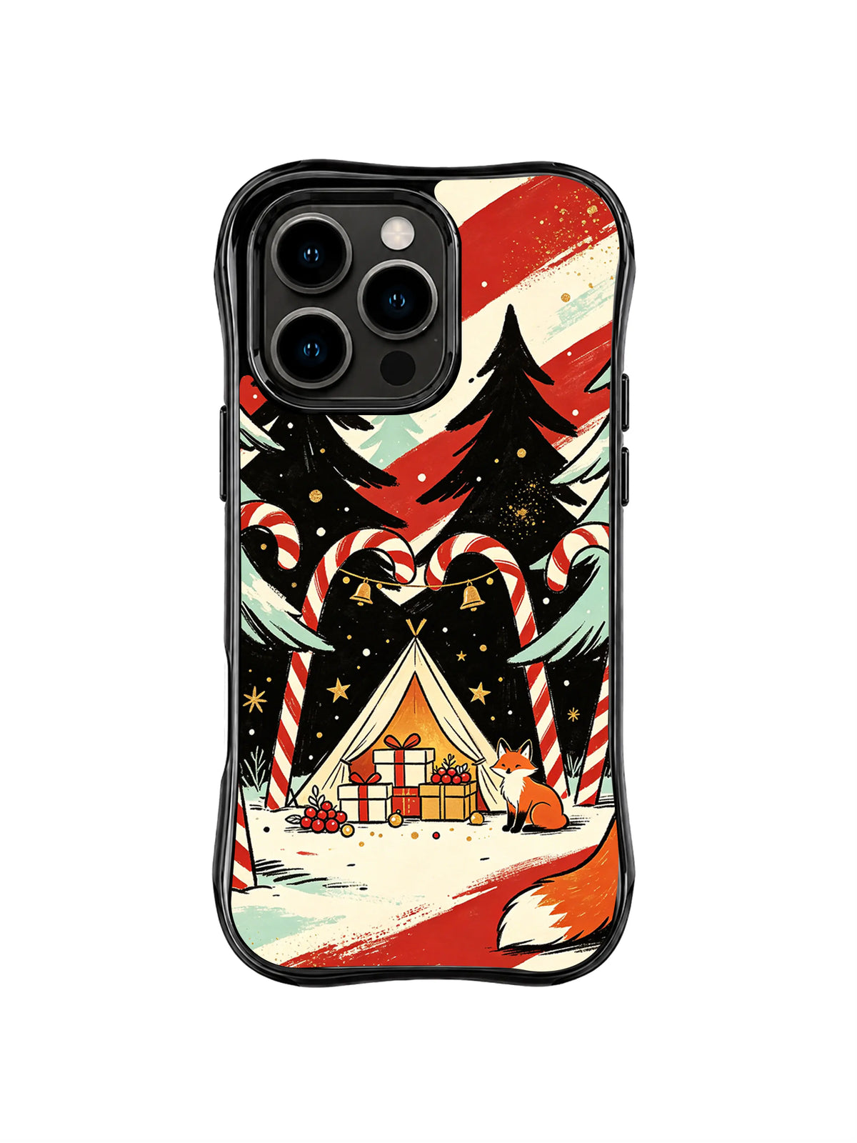 Midnight A-Frame Village pattern on a black iPhone 14 Pro case with a snowy cottage, dark pine tree, red sky bands, stars and a small fox