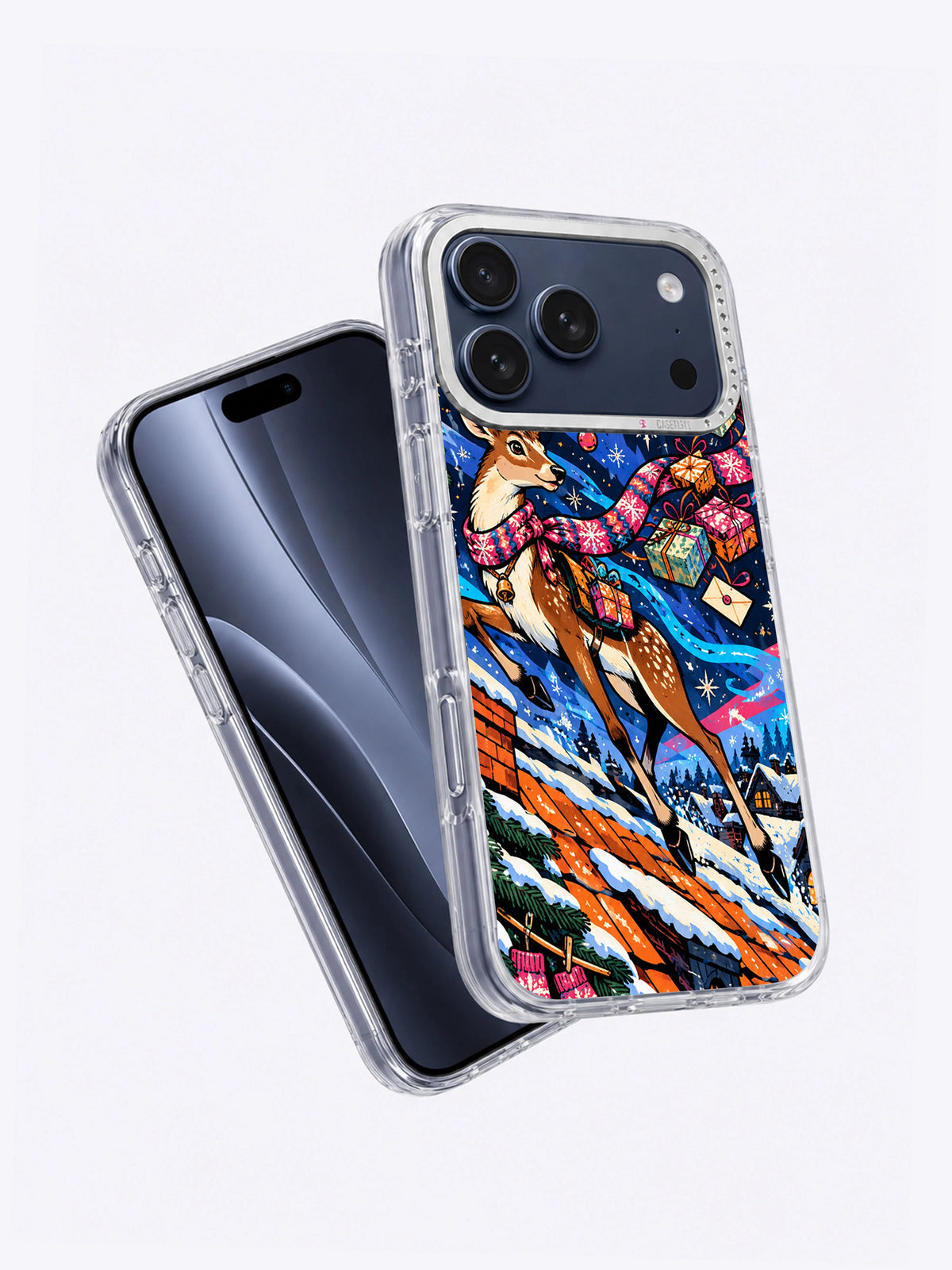 Angled view of Midnight Antler Courier artwork on an iPhone 17 Pro Max case