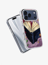 Angled view of the Midnight Book Burst dark academia iPhone case