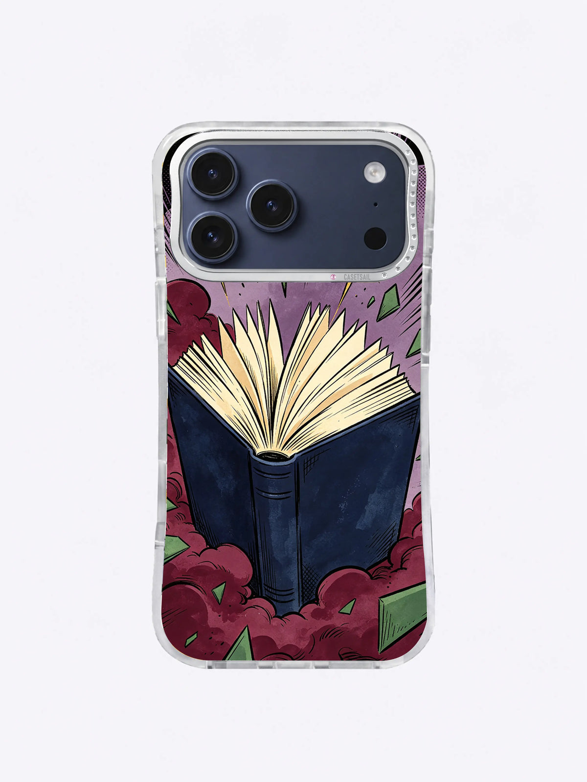 Dark academia open book iPhone case with deep navy cover, cream pages, burgundy smoke, green fragments, and gold star accents