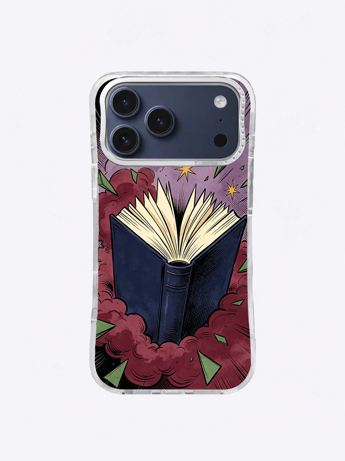Midnight reading iPhone case with an open navy book, cream page fan, burgundy smoke, muted purple clouds, green fragments, and gold stars