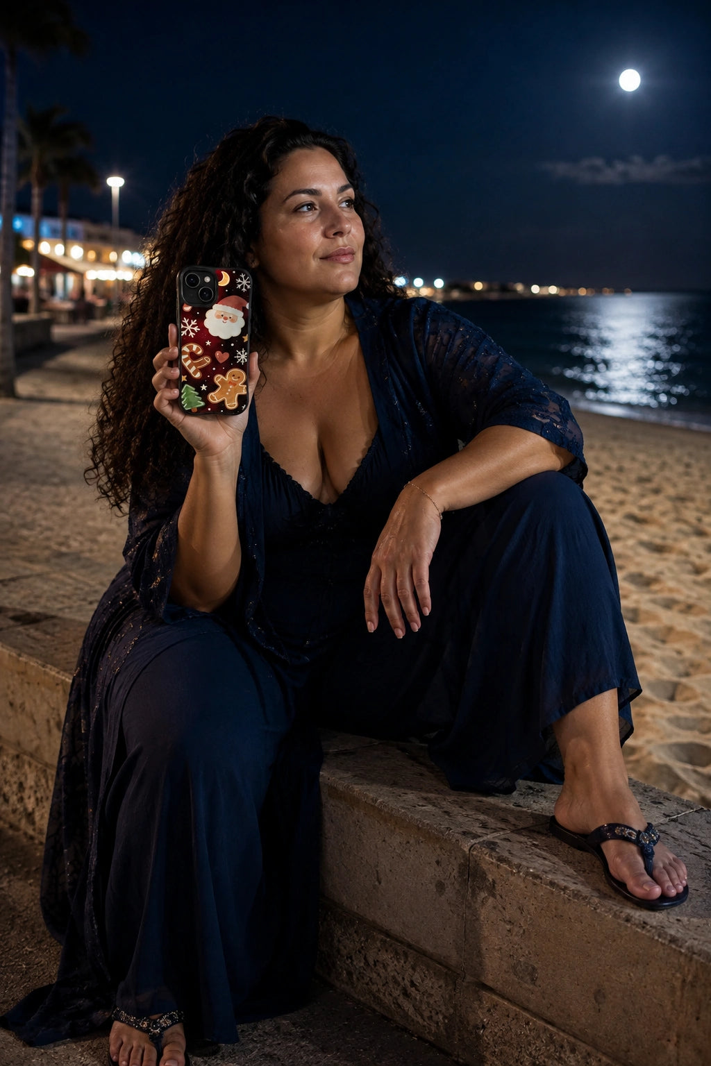 Adult woman on a moonlit beach promenade holding the Midnight Candy Christmas iPhone 14 Plus case with Moonlit Santa Candy artwork