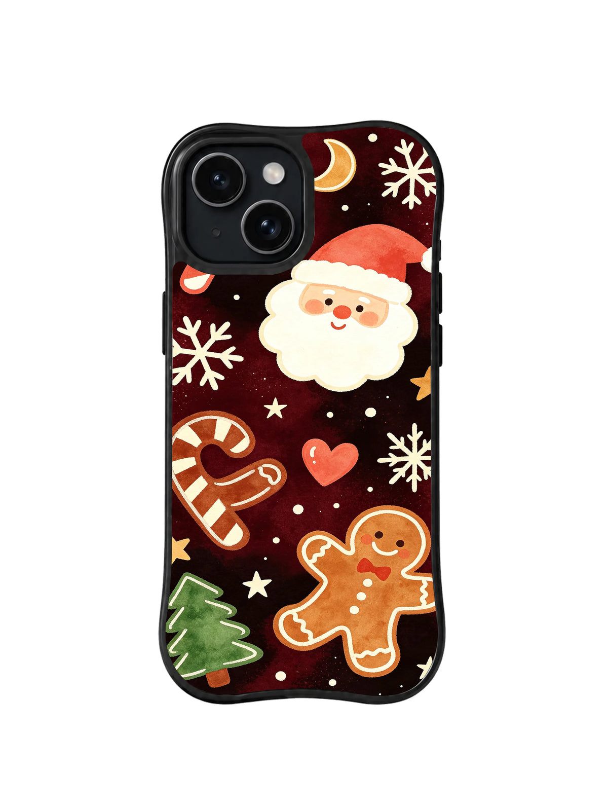 Moonlit Santa Candy: Noel Baba, zencefilli kurabiye, baston şeker, kalpler ve kar taneleri bordo zeminde görünür.