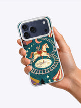 Midnight Carousel illustrated iPhone case held in hand
