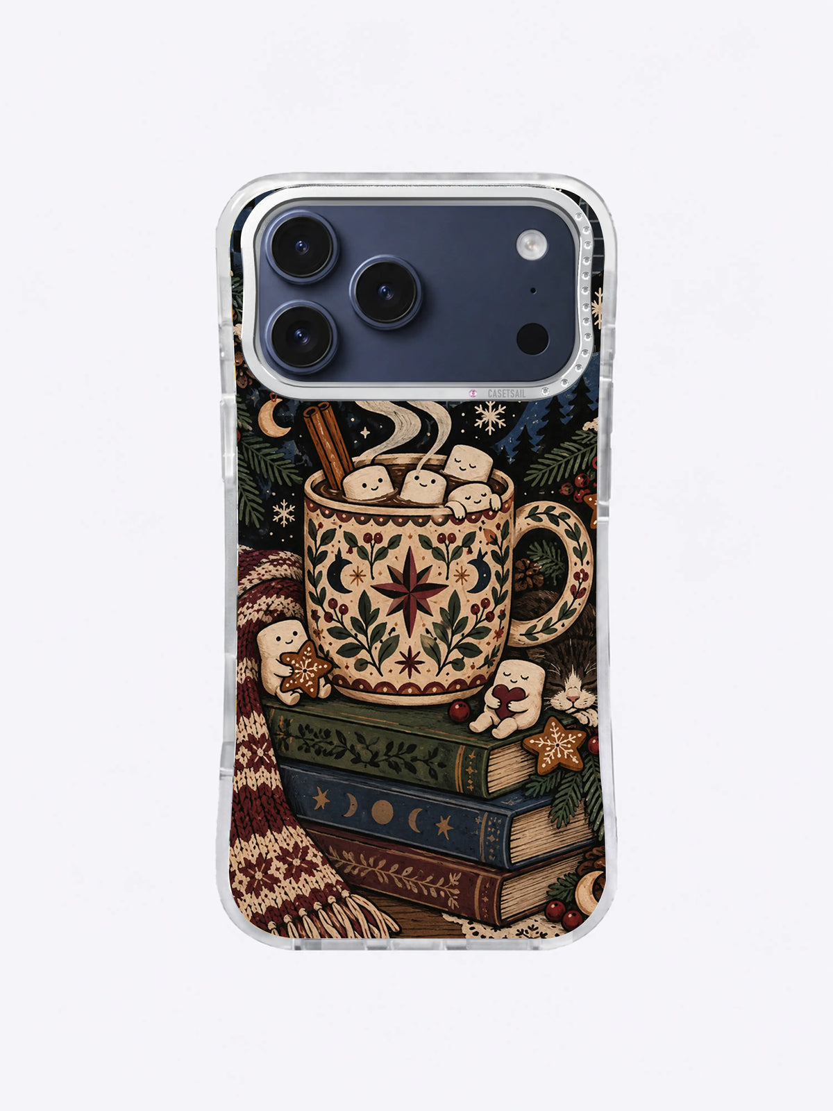 Burgundy Snowbook Cocoa iPhone case illustration with a cream mug, books, stars, cinnamon shapes and snowflakes