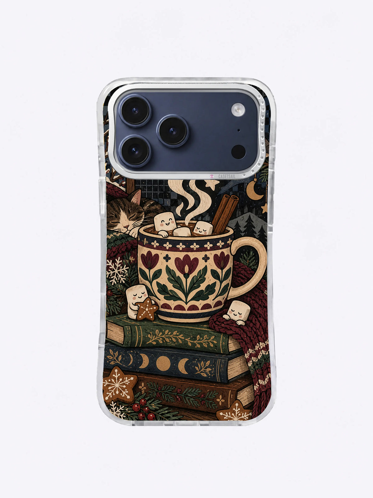 Cinnamon Star Cocoa iPhone case artwork with a patterned mug, cinnamon sticks, books, stars and winter botanicals