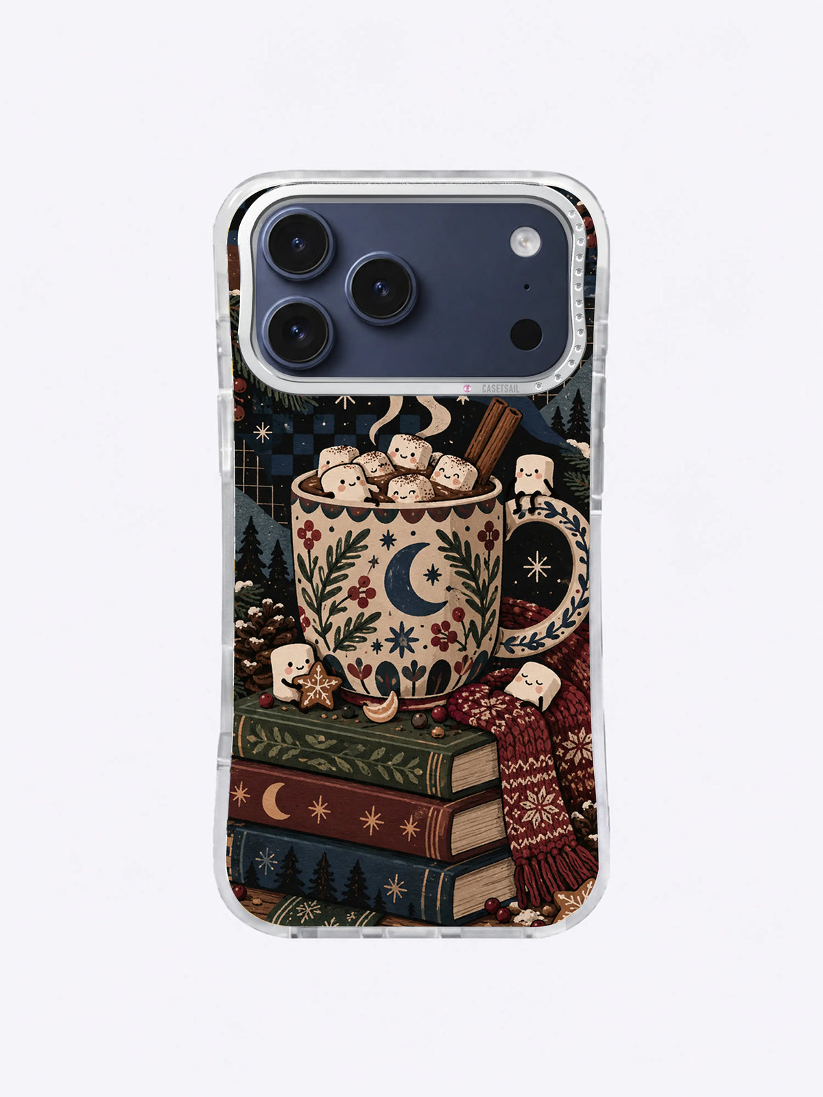 Crescent Mug Story Hour iPhone case art with a moon, cocoa cup, marshmallows, books, snow crystals and evergreen sprigs