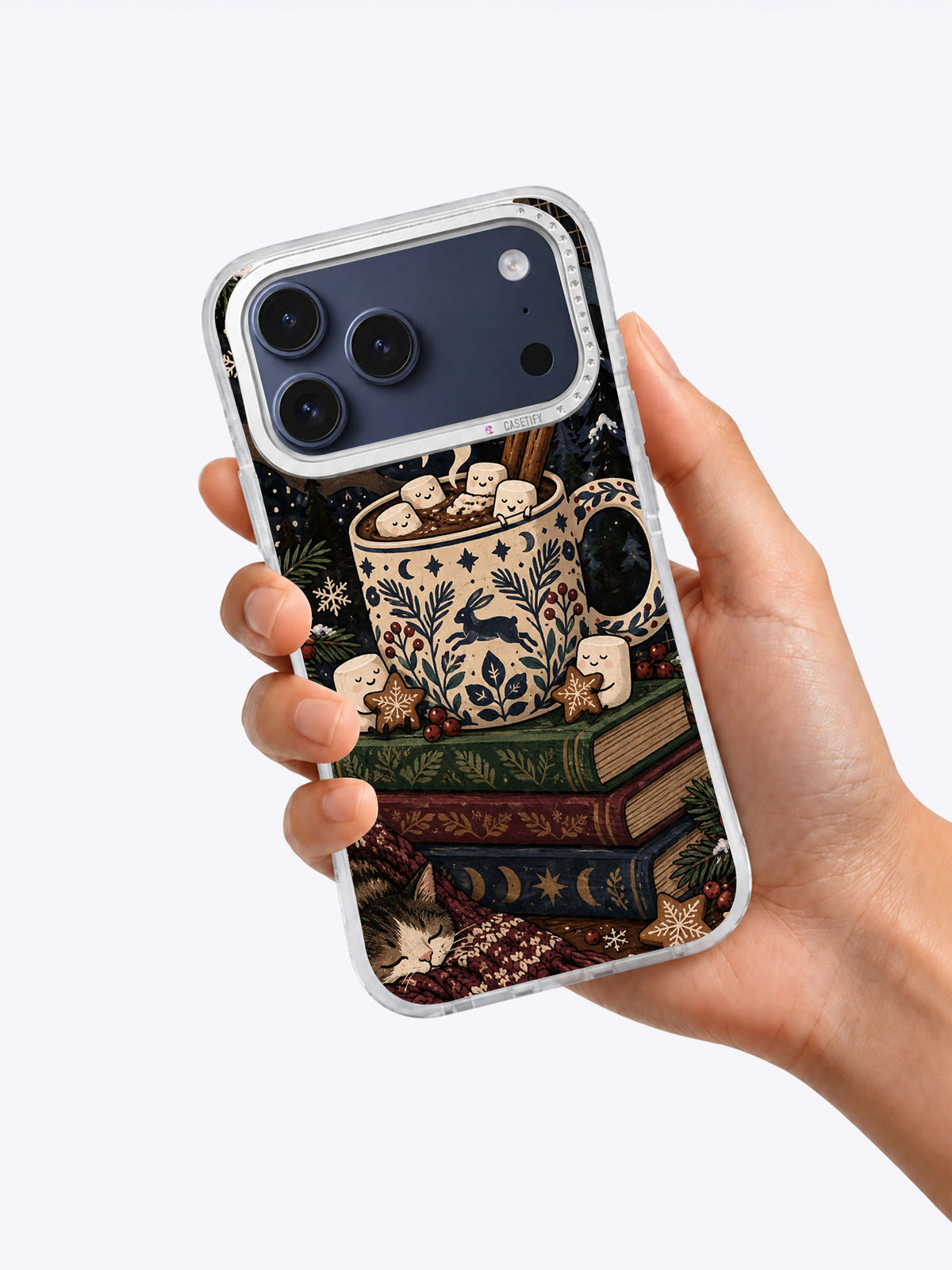 In-hand product view of Midnight Cocoa Club artwork on an iPhone 17 Pro Max case