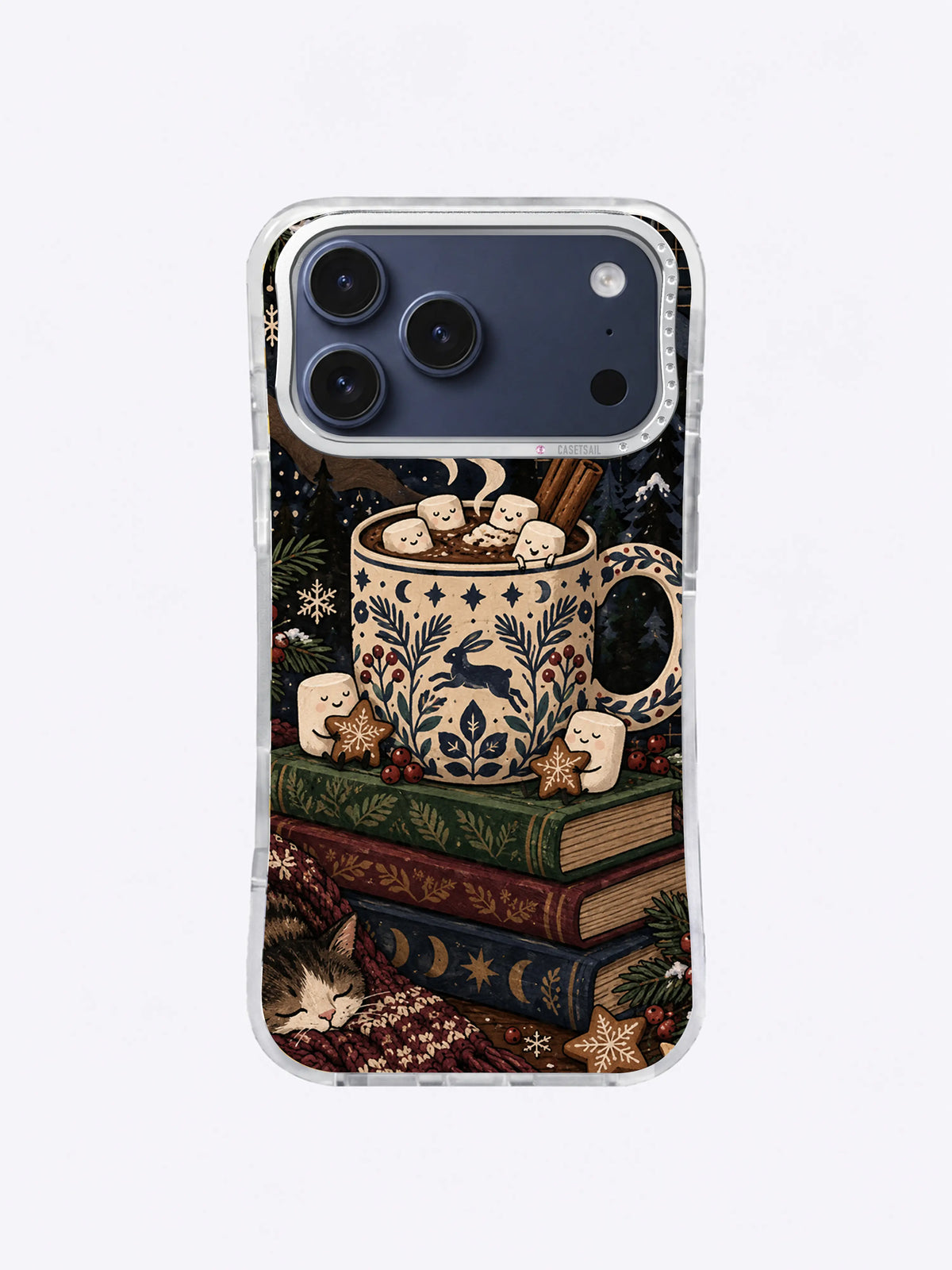 Midnight Cocoa Club iPhone case with a blue floral mug, smiling marshmallows, stacked books, stars, leaves and curling steam