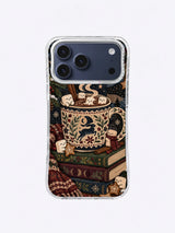 Quiet Dawn Cocoa Club iPhone case art with an ornate mug, small moon, marshmallows, berries, leaves and books