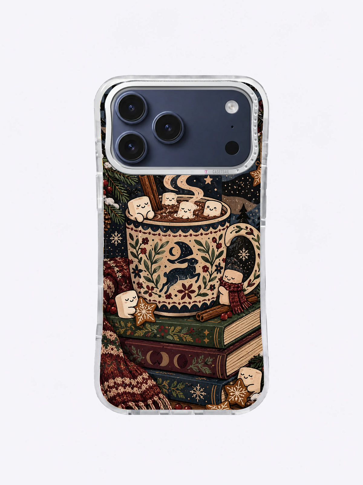 Quiet Dawn Cocoa Club iPhone case art with an ornate mug, small moon, marshmallows, berries, leaves and books