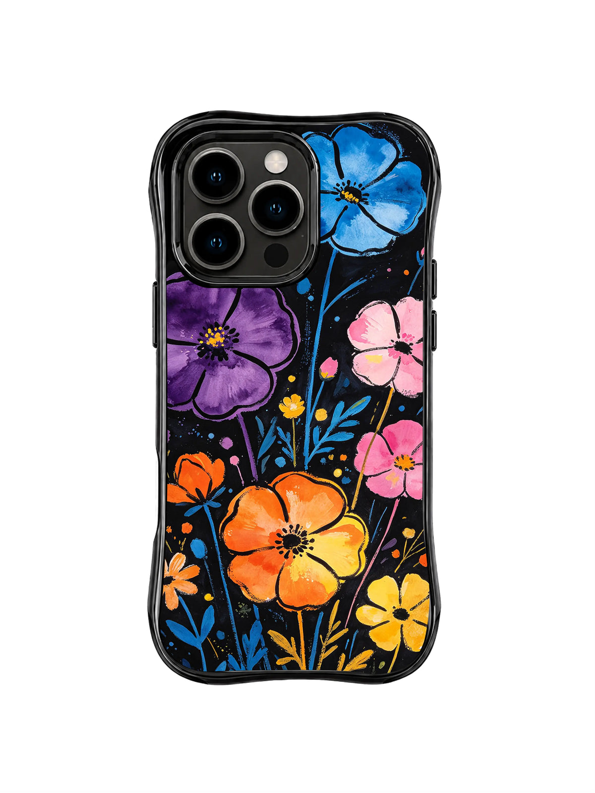 Midnight Meadow Chorus: Bright blue, purple, orange and pink meadow flowers rise on black.