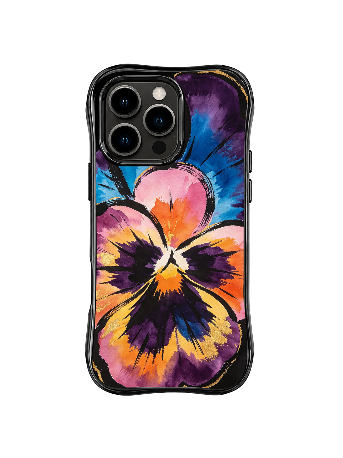 Giant Pansy Bloom: A single oversized purple, orange and pink pansy fills the case.