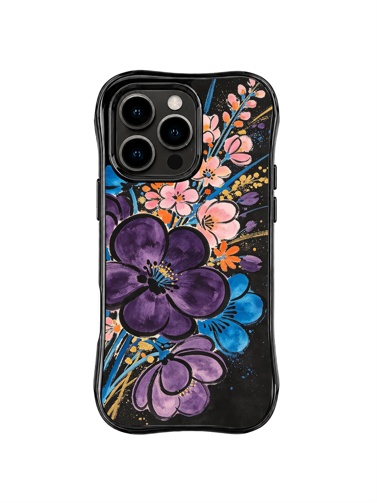 Midnight Wildflower Spray: Purple and blue flowers mix with coral sprigs on black.