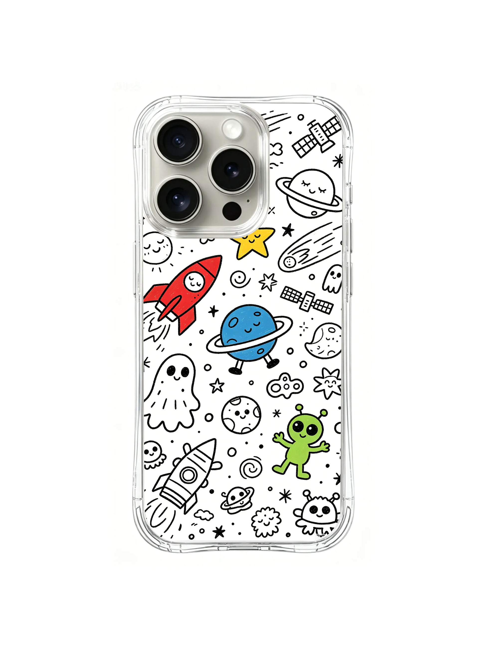 Cheerful midnight space community hand-drawn doodle iPhone 15 pro Case, eco ink printed phone casing, popular holiday gift-style phone cover from PhoneCasing.