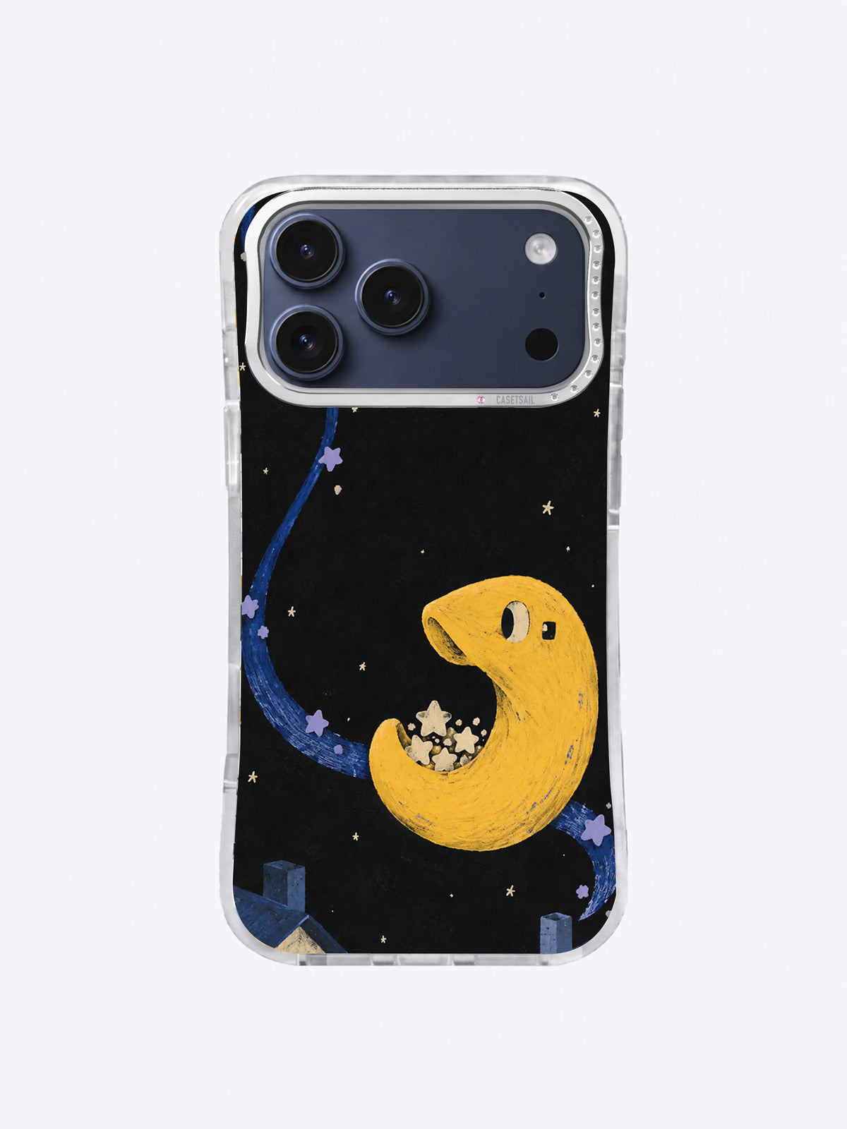 Yellow rooftop creature following a cobalt star trail on an iPhone 17 Pro Max case